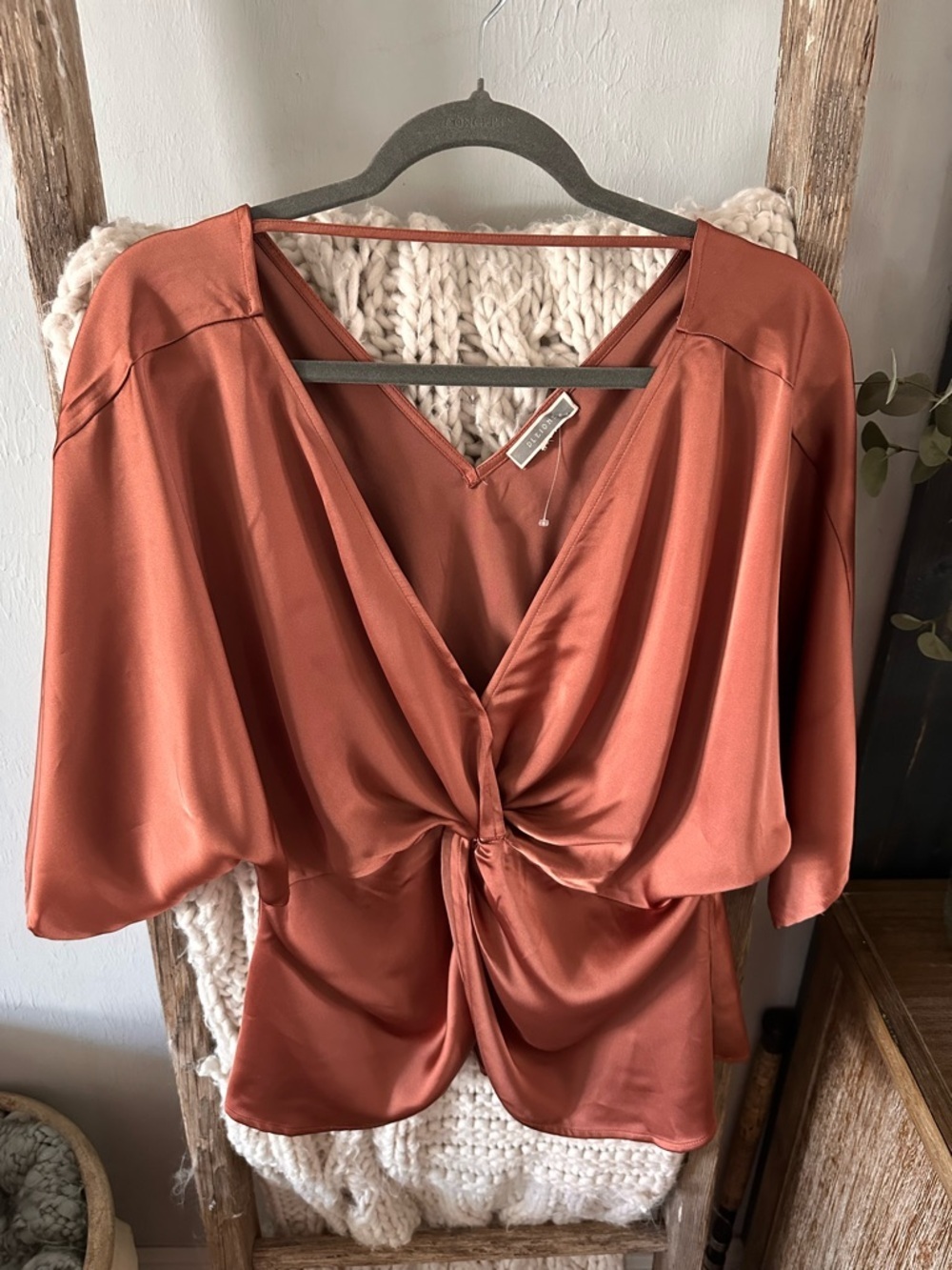 Pleione Satin Twist-Front Blouse in Terracotta